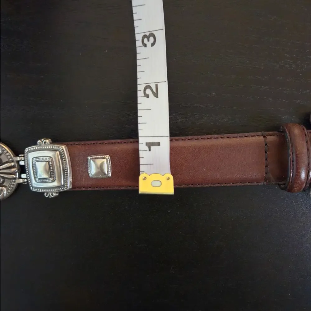 Western Brown Leather Belt Silver Tone Inset Concho Medallion Hardware M Fossil